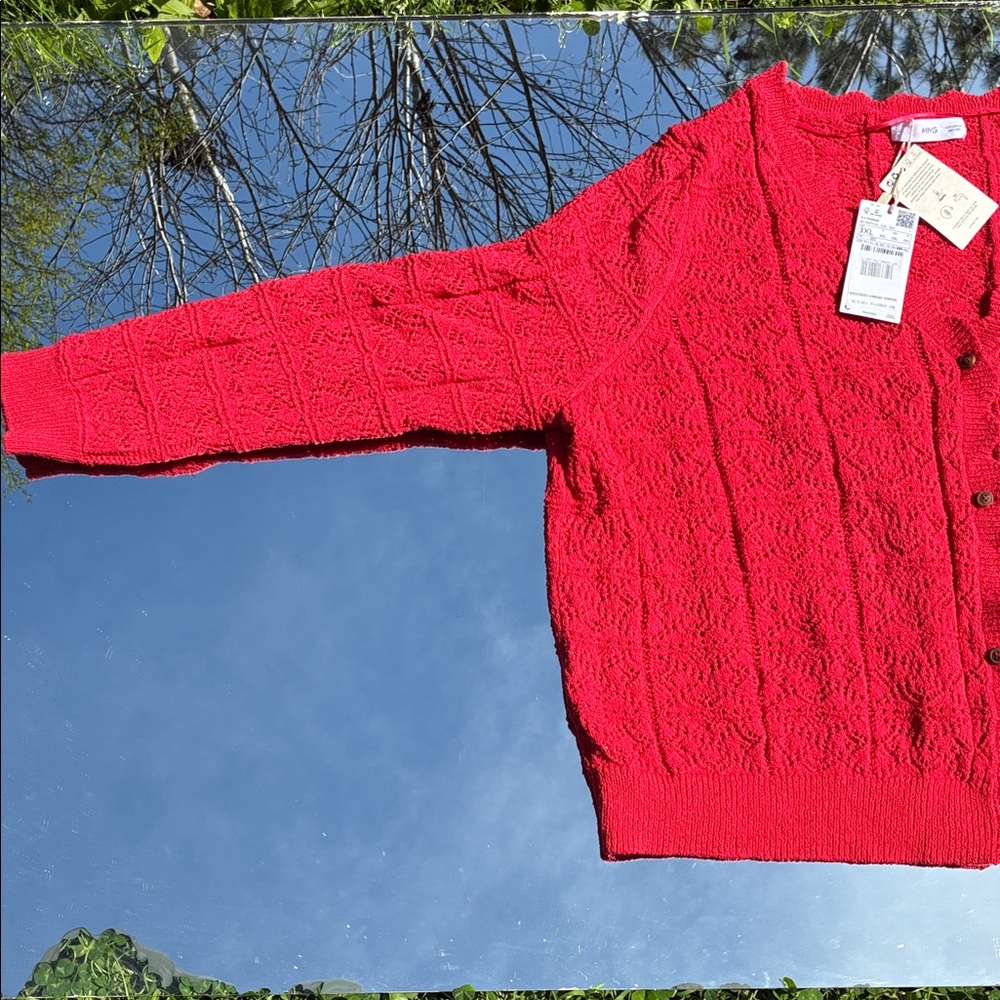 Mango Bright Red Openwork Button-Front Cardigan - Picture 3 of 5